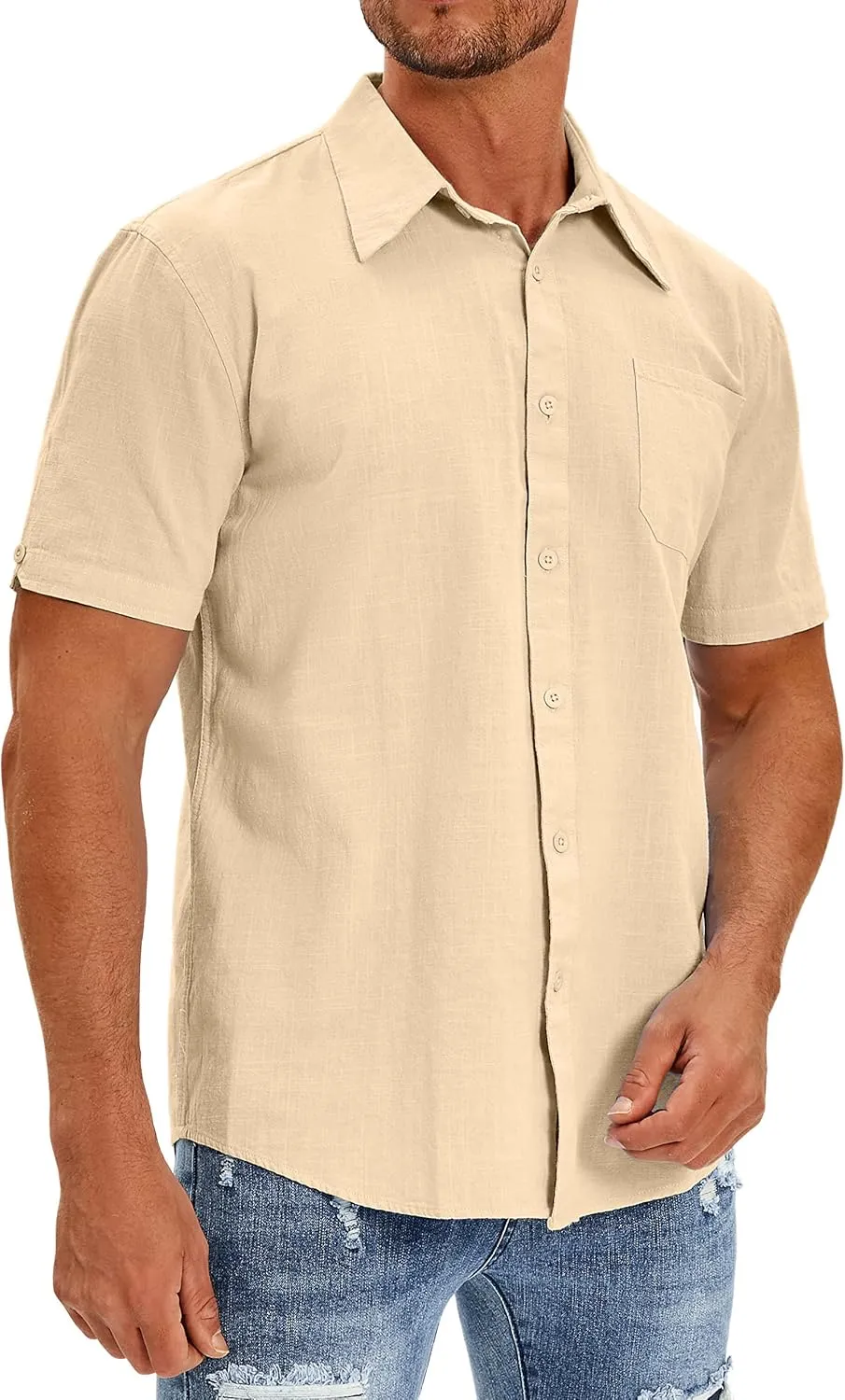 Oyamiki Mens Short Sleeve Regular-Fit Shirt Fishing Tees Linen Casual Button-Down Shirts