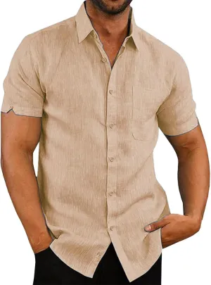 Oyamiki Mens Short Sleeve Regular-Fit Shirt Fishing Tees Linen Casual Button-Down Shirts