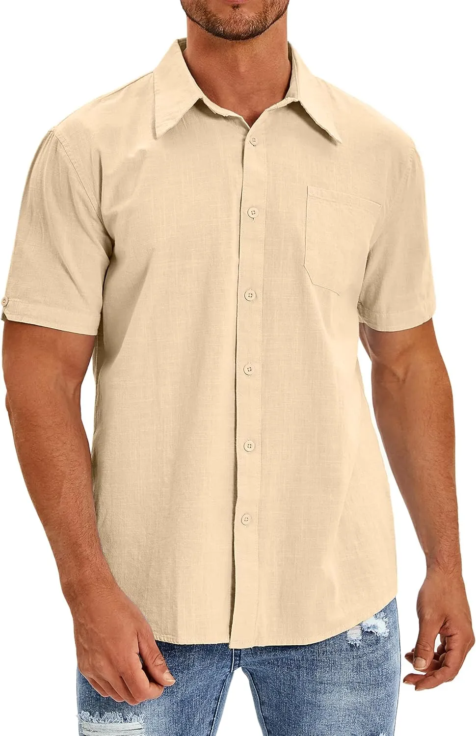 Oyamiki Mens Short Sleeve Regular-Fit Shirt Fishing Tees Linen Casual Button-Down Shirts