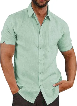 Oyamiki Mens Short Sleeve Regular-Fit Shirt Fishing Tees Linen Casual Button-Down Shirts