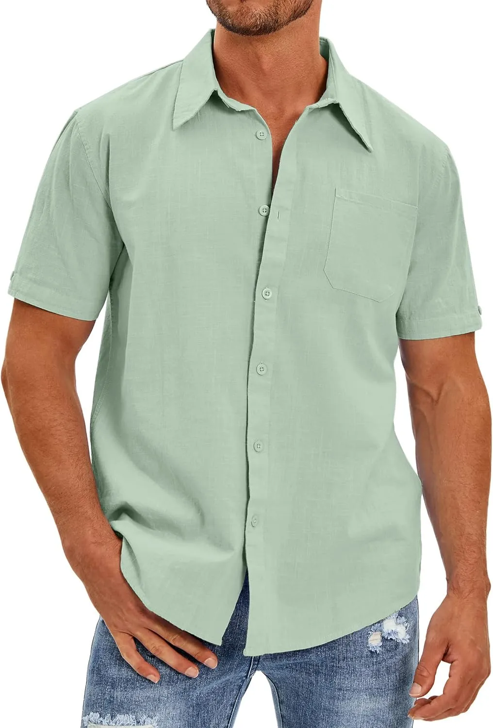 Oyamiki Mens Short Sleeve Regular-Fit Shirt Fishing Tees Linen Casual Button-Down Shirts