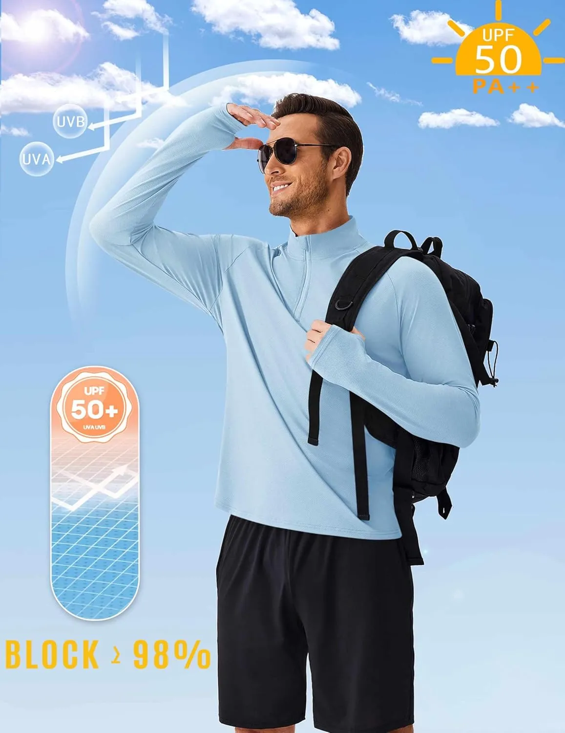 PINSPARK Mens Pullover Quarter Zip Lightweight UPF 50  Rash Guard Long Sleeve Beach Shirts Quick Dry Athletic Workout Shirts