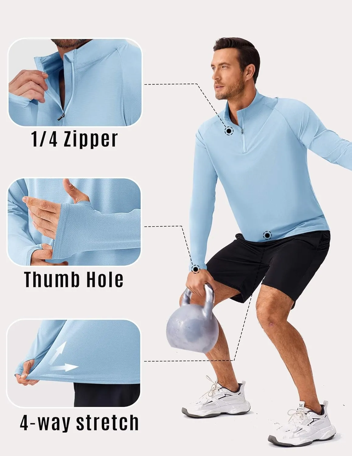 PINSPARK Mens Pullover Quarter Zip Lightweight UPF 50  Rash Guard Long Sleeve Beach Shirts Quick Dry Athletic Workout Shirts