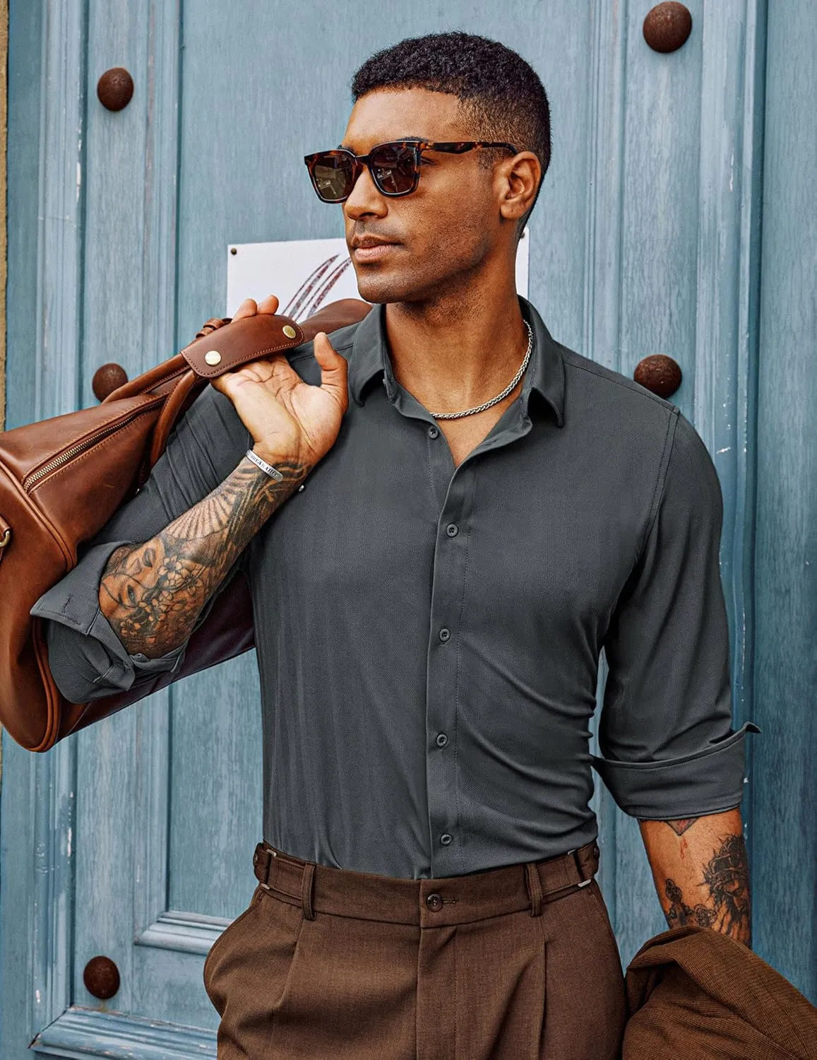 PJ PAUL JONES Men's Casual Stretch Shirts Wrinkle Free Herringbone Button Down Shirts Long Sleeve Dress Shirt
