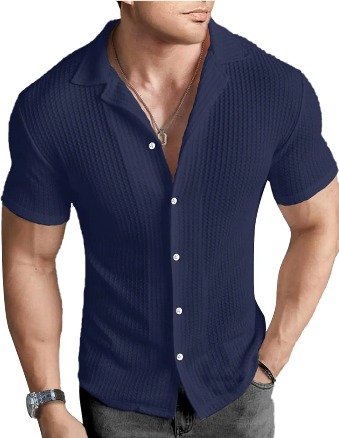 PLEPAN Men's Knit Polo Shirts Button Down Short Sleeve Casual Summer Beach Vintage Waffle Shirts for Men