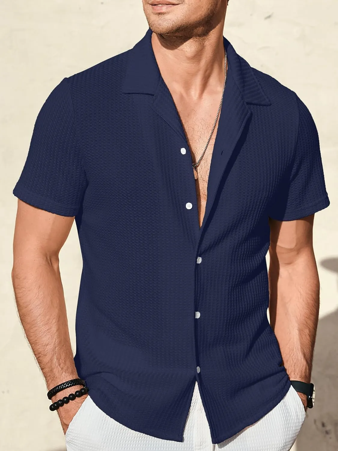 PLEPAN Men's Knit Polo Shirts Button Down Short Sleeve Casual Summer Beach Vintage Waffle Shirts for Men