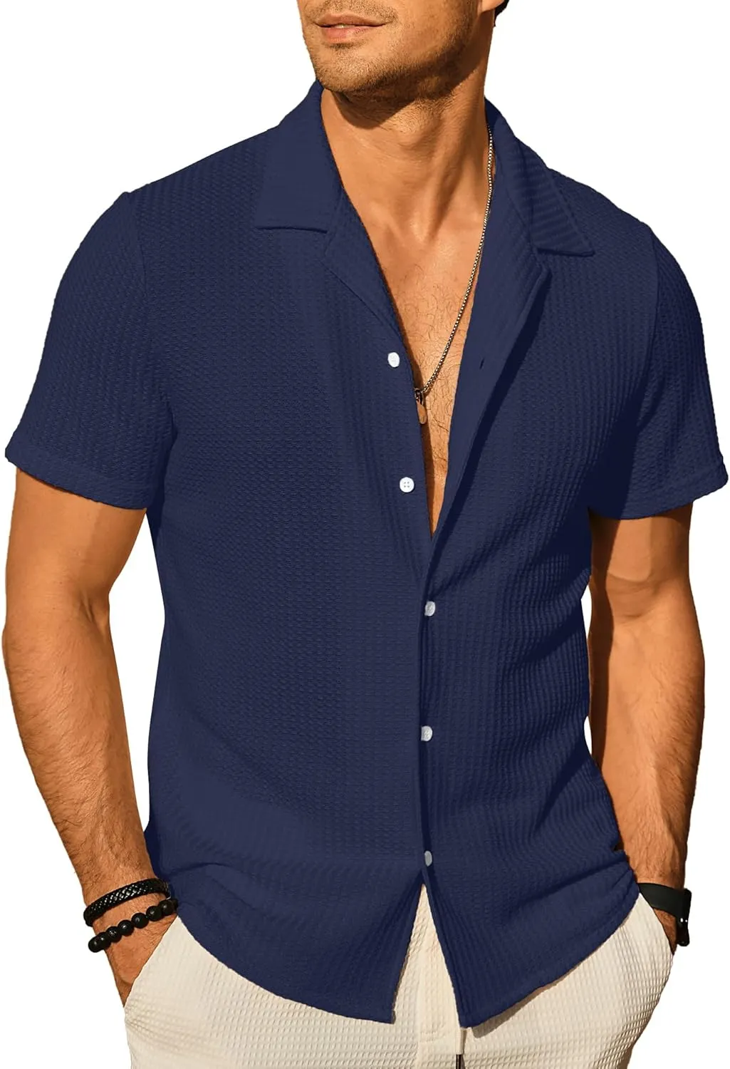 PLEPAN Men's Knit Polo Shirts Button Down Short Sleeve Casual Summer Beach Vintage Waffle Shirts for Men