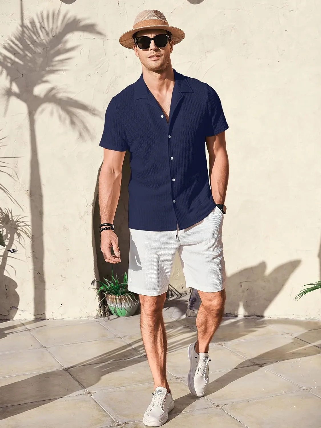 PLEPAN Men's Knit Polo Shirts Button Down Short Sleeve Casual Summer Beach Vintage Waffle Shirts for Men