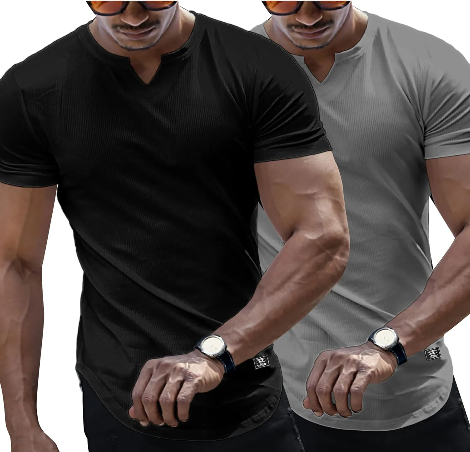 PLEPAN Mens Muscle T Shirts V Neck Short Sleeve Henley Shirt Hipster Longline Gym Workout Athletic Tee Shirts