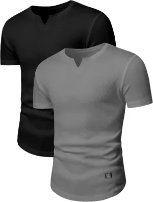 PLEPAN Mens Muscle T Shirts V Neck Short Sleeve Henley Shirt Hipster Longline Gym Workout Athletic Tee Shirts