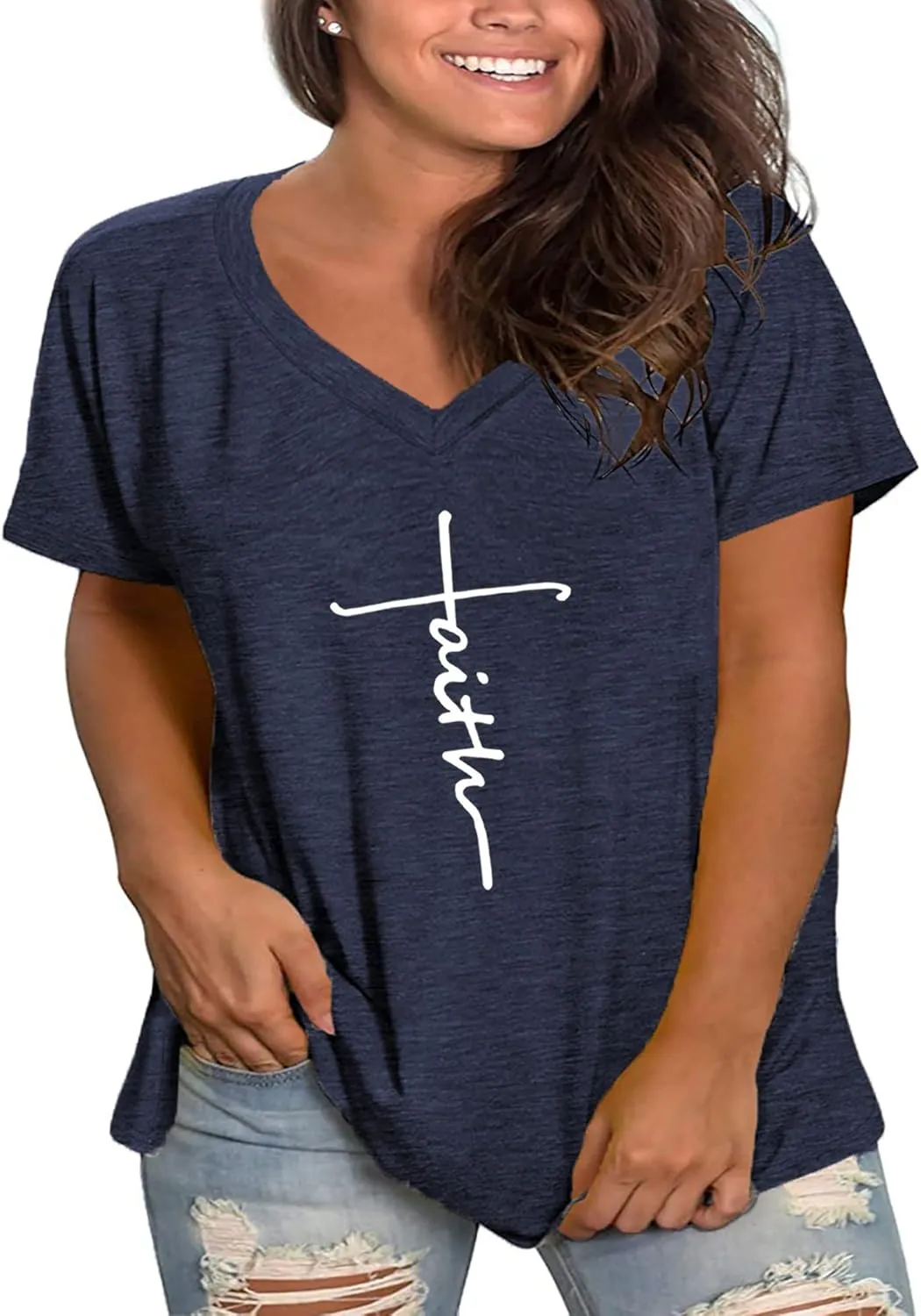 Plus Size Faith Shirts Womens V Neck Tshirt Graphic Tees Christian Short Sleeve Summer Tops