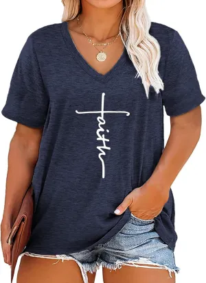 Plus Size Faith Shirts Womens V Neck Tshirt Graphic Tees Christian Short Sleeve Summer Tops