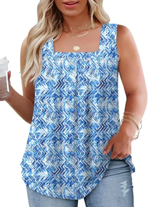 Plus-Size-Tank-Tops for Women Summer Pleated Square Neck Tunics Trendy Casual Floral Print Sleeveless Shirts 1X-5X