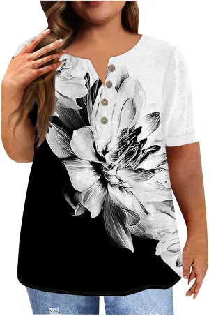 Plus Size Tops for Women Summer Ethnic Floral Classy Oversized T Shirts Short Sleeve Blouses & Button-Down Shirts
