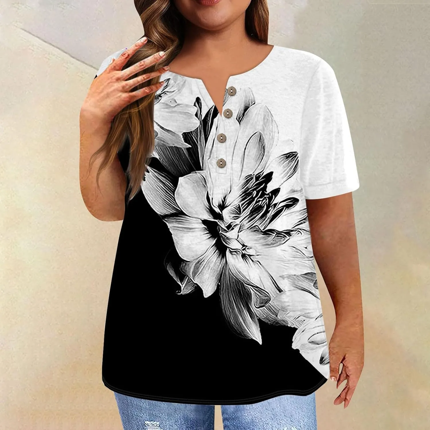 Plus Size Tops for Women Summer Ethnic Floral Classy Oversized T Shirts Short Sleeve Blouses & Button-Down Shirts