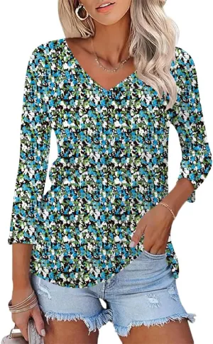 Poetsky Womens 3/4 Sleeve V Neck T Shirts Summer Casual Tops Basic Tees