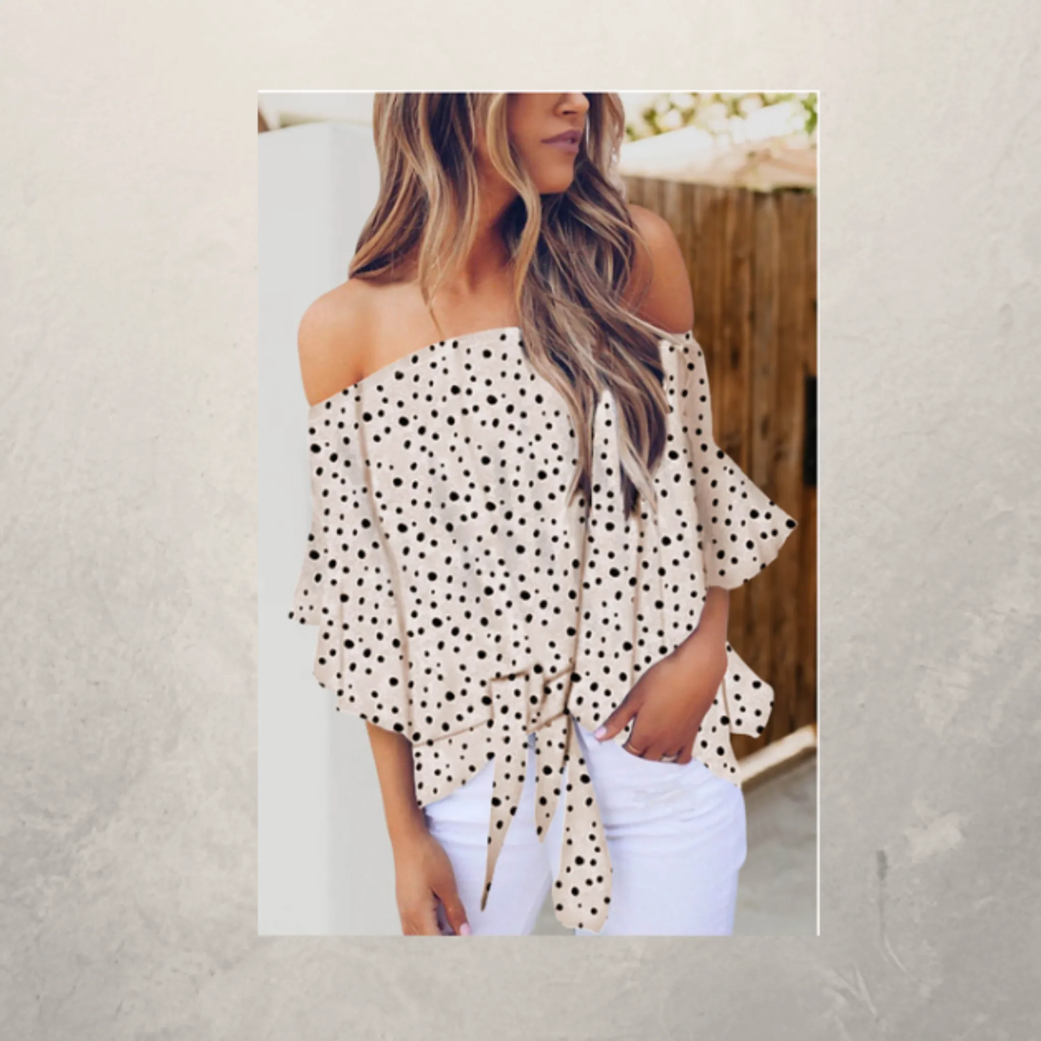 Polka Dot 3/4 Bell Sleeve Off Shoulder Front Tie Knot Top