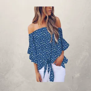 Polka Dot 3/4 Bell Sleeve Off Shoulder Front Tie Knot Top