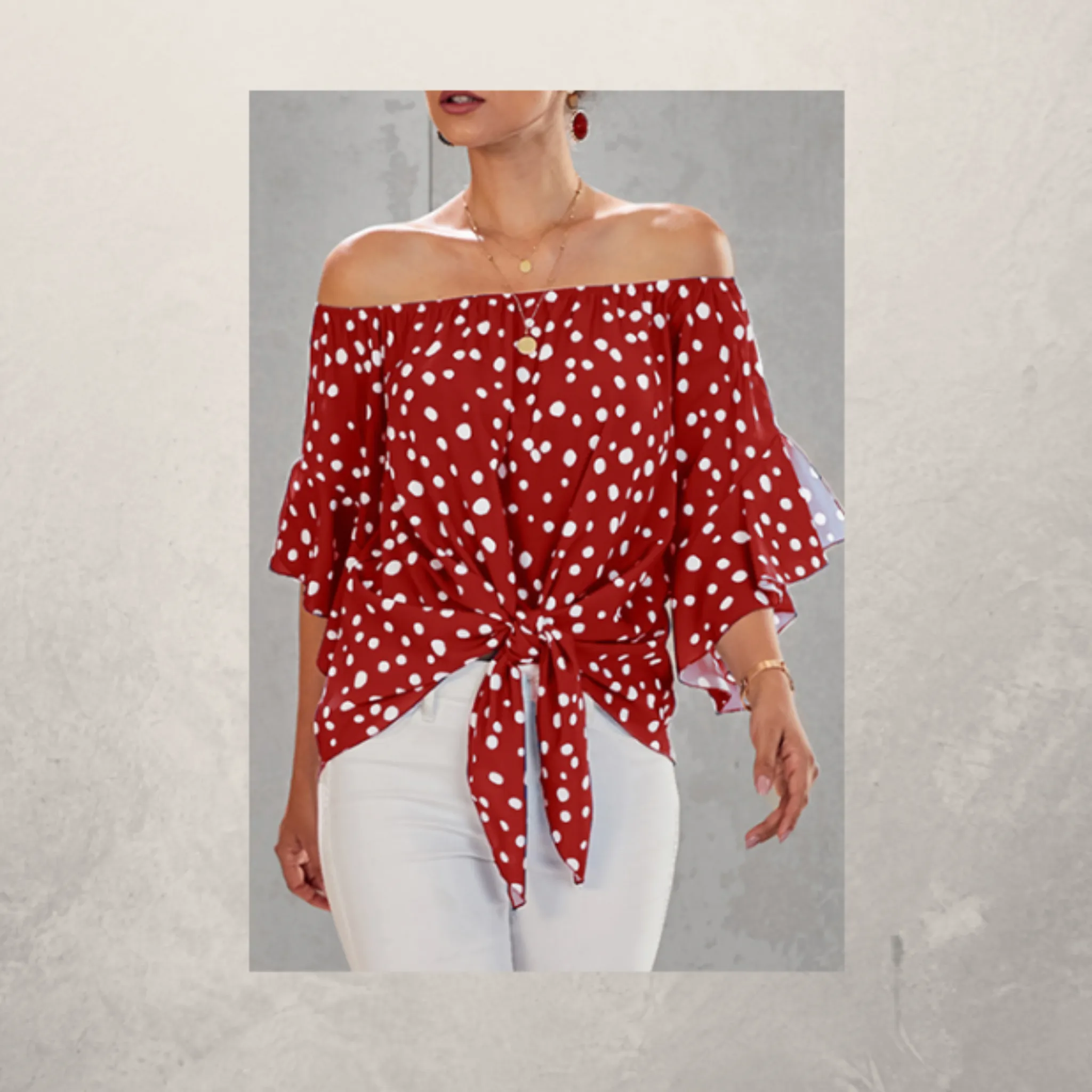 Polka Dot 3/4 Bell Sleeve Off Shoulder Front Tie Knot Top