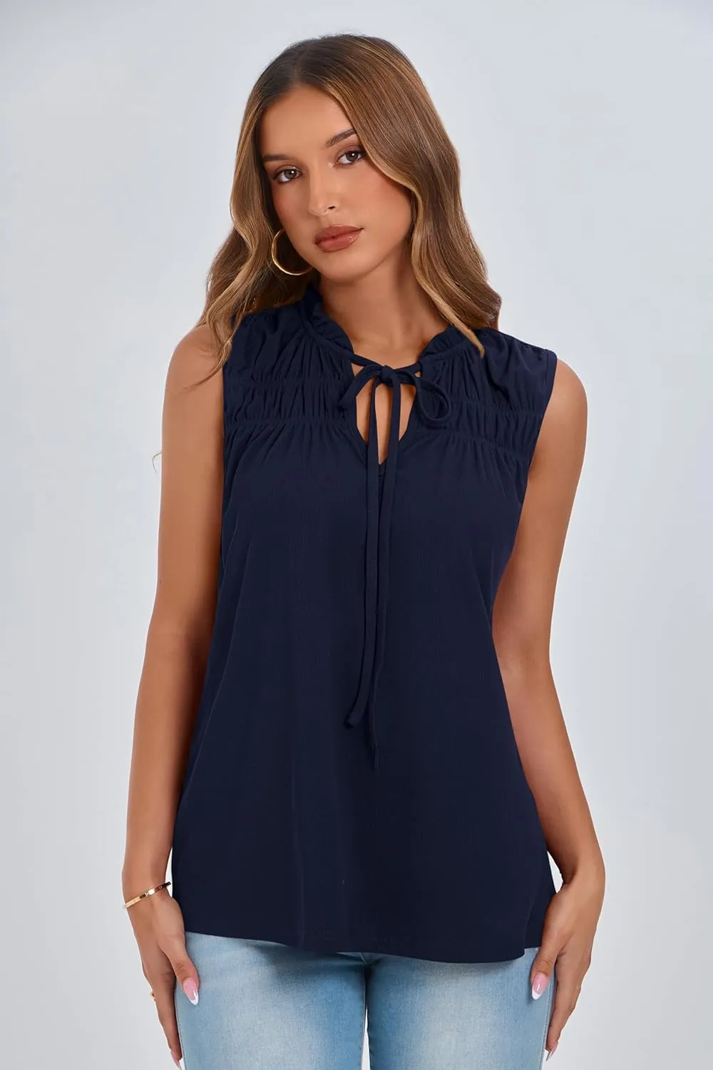PRETTYGARDEN Womens Summer Tops Sleeveless V Neck Shirts Ruffle Loose Tank Top Smocked Work Flowy Dressy Casual Blouses