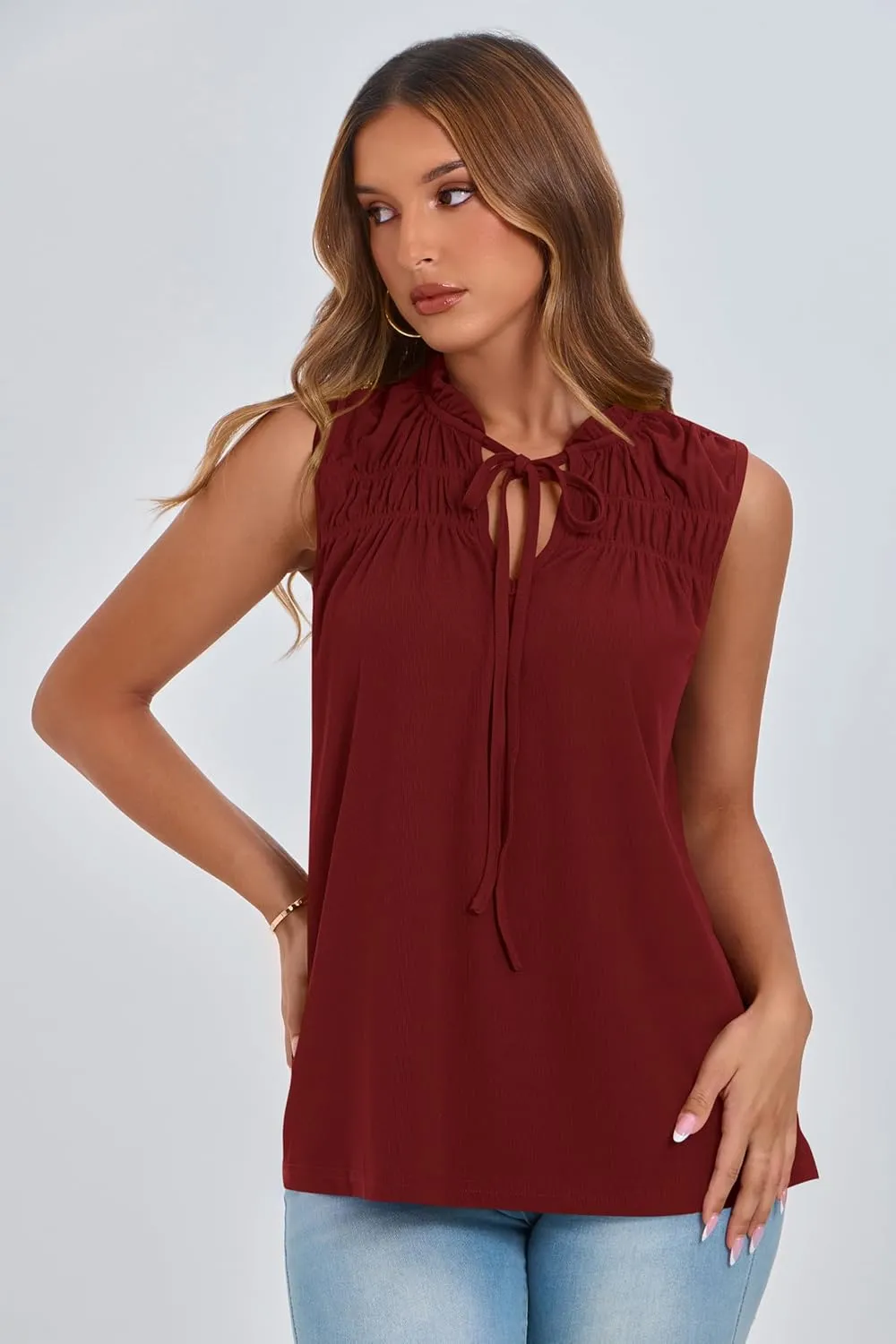 PRETTYGARDEN Womens Summer Tops Sleeveless V Neck Shirts Ruffle Loose Tank Top Smocked Work Flowy Dressy Casual Blouses