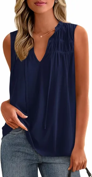 PRETTYGARDEN Womens Summer Tops Sleeveless V Neck Shirts Ruffle Loose Tank Top Smocked Work Flowy Dressy Casual Blouses