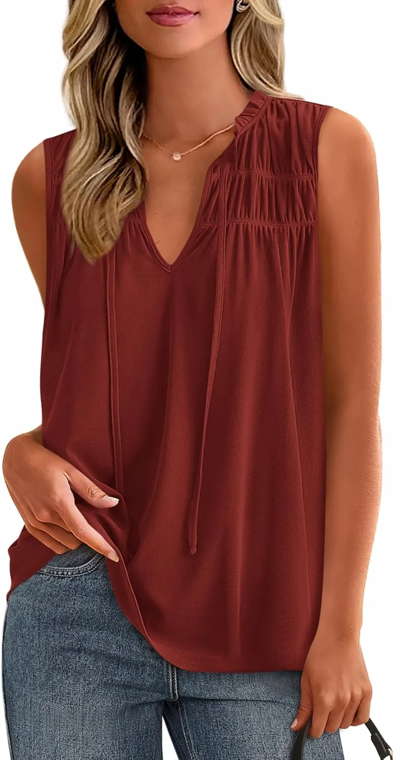 PRETTYGARDEN Womens Summer Tops Sleeveless V Neck Shirts Ruffle Loose Tank Top Smocked Work Flowy Dressy Casual Blouses