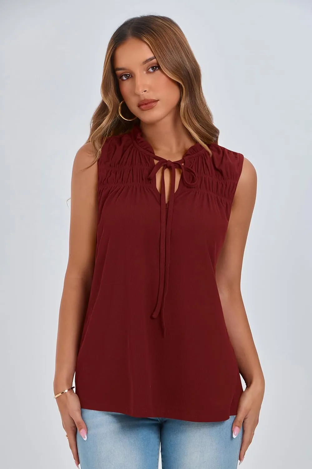 PRETTYGARDEN Womens Summer Tops Sleeveless V Neck Shirts Ruffle Loose Tank Top Smocked Work Flowy Dressy Casual Blouses