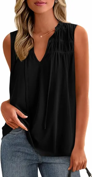 PRETTYGARDEN Womens Summer Tops Sleeveless V Neck Shirts Ruffle Loose Tank Top Smocked Work Flowy Dressy Casual Blouses