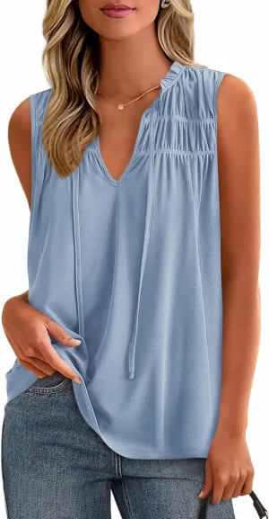 PRETTYGARDEN Womens Summer Tops Sleeveless V Neck Shirts Ruffle Loose Tank Top Smocked Work Flowy Dressy Casual Blouses