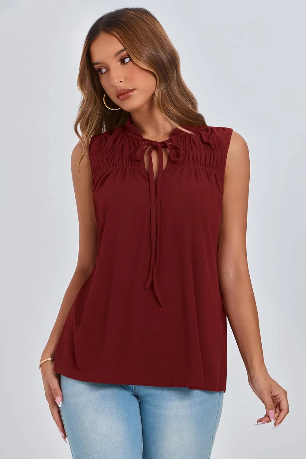 PRETTYGARDEN Womens Summer Tops Sleeveless V Neck Shirts Ruffle Loose Tank Top Smocked Work Flowy Dressy Casual Blouses