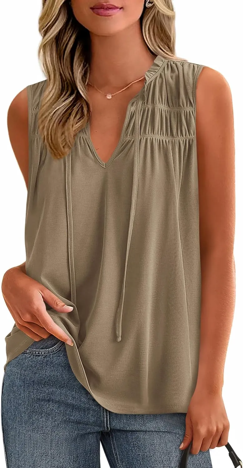 PRETTYGARDEN Womens Summer Tops Sleeveless V Neck Shirts Ruffle Loose Tank Top Smocked Work Flowy Dressy Casual Blouses