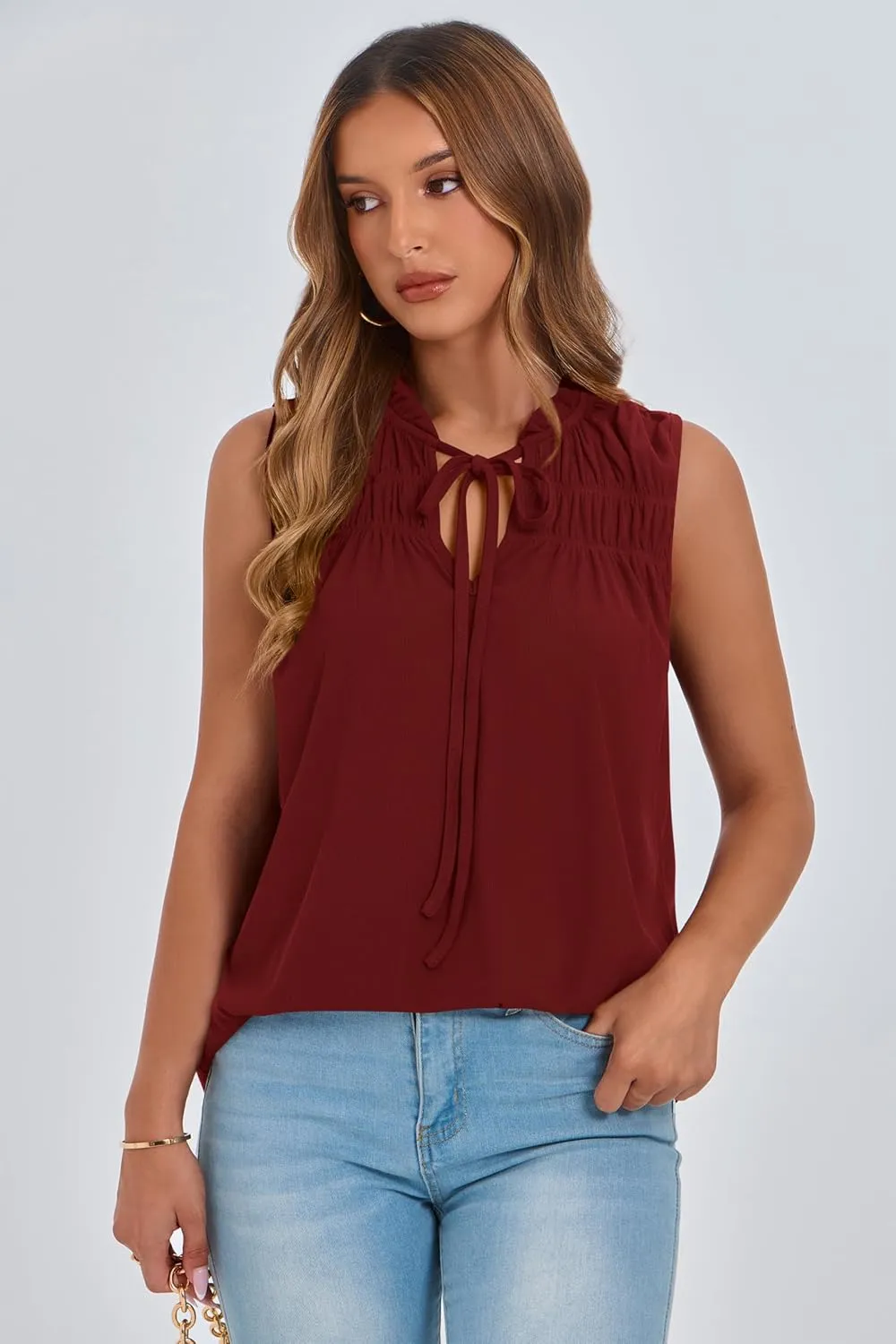 PRETTYGARDEN Womens Summer Tops Sleeveless V Neck Shirts Ruffle Loose Tank Top Smocked Work Flowy Dressy Casual Blouses