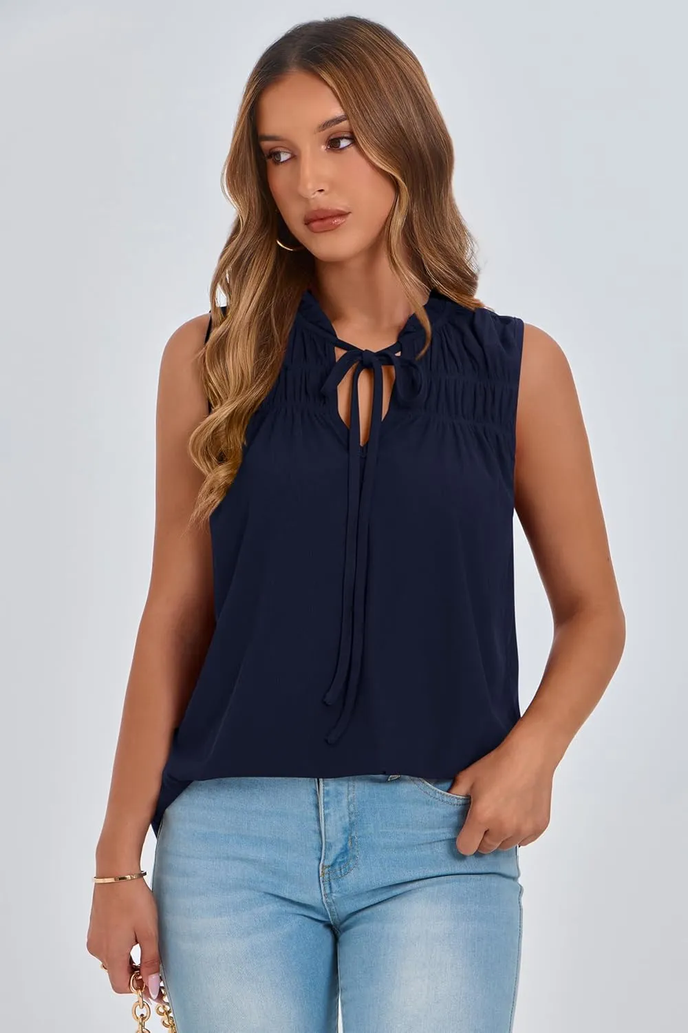 PRETTYGARDEN Womens Summer Tops Sleeveless V Neck Shirts Ruffle Loose Tank Top Smocked Work Flowy Dressy Casual Blouses