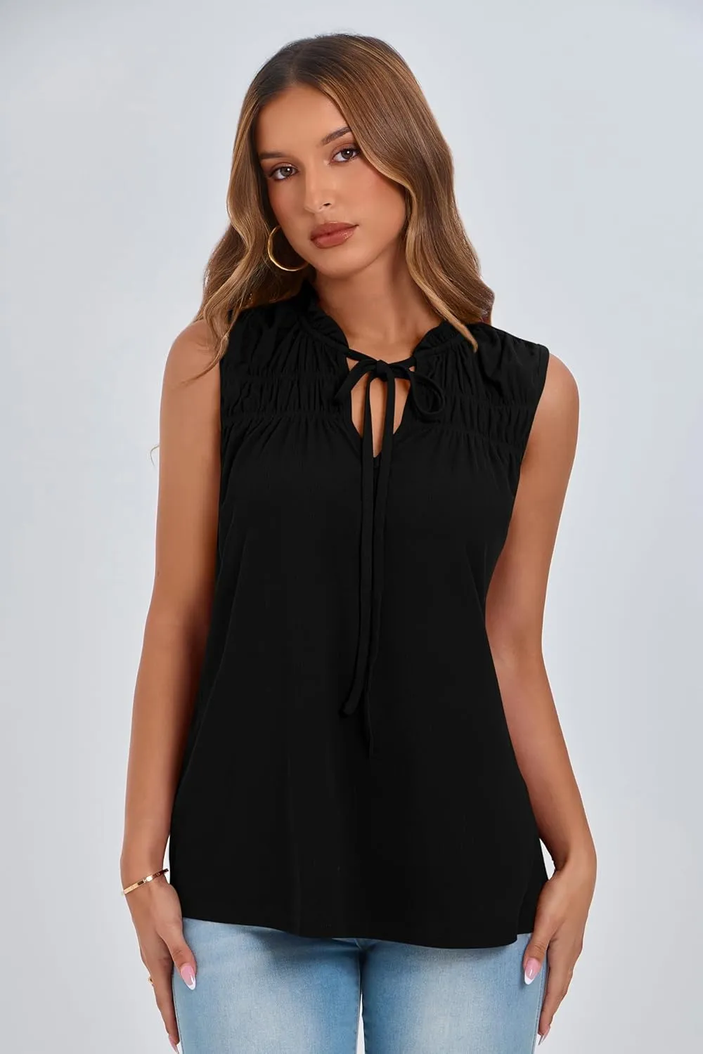PRETTYGARDEN Womens Summer Tops Sleeveless V Neck Shirts Ruffle Loose Tank Top Smocked Work Flowy Dressy Casual Blouses
