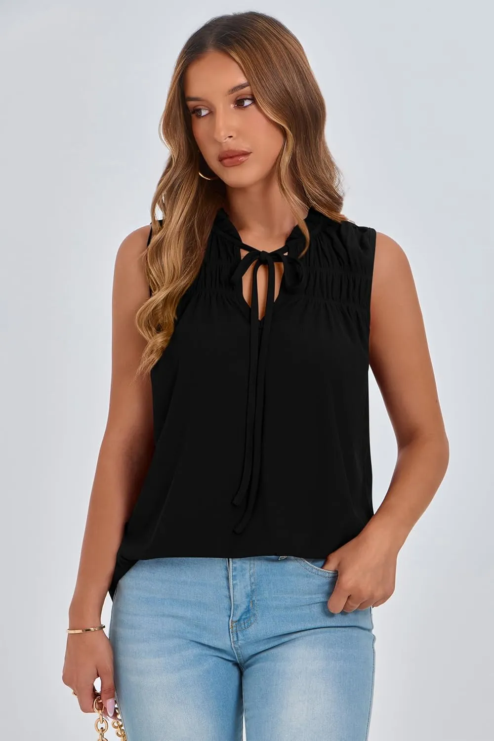 PRETTYGARDEN Womens Summer Tops Sleeveless V Neck Shirts Ruffle Loose Tank Top Smocked Work Flowy Dressy Casual Blouses