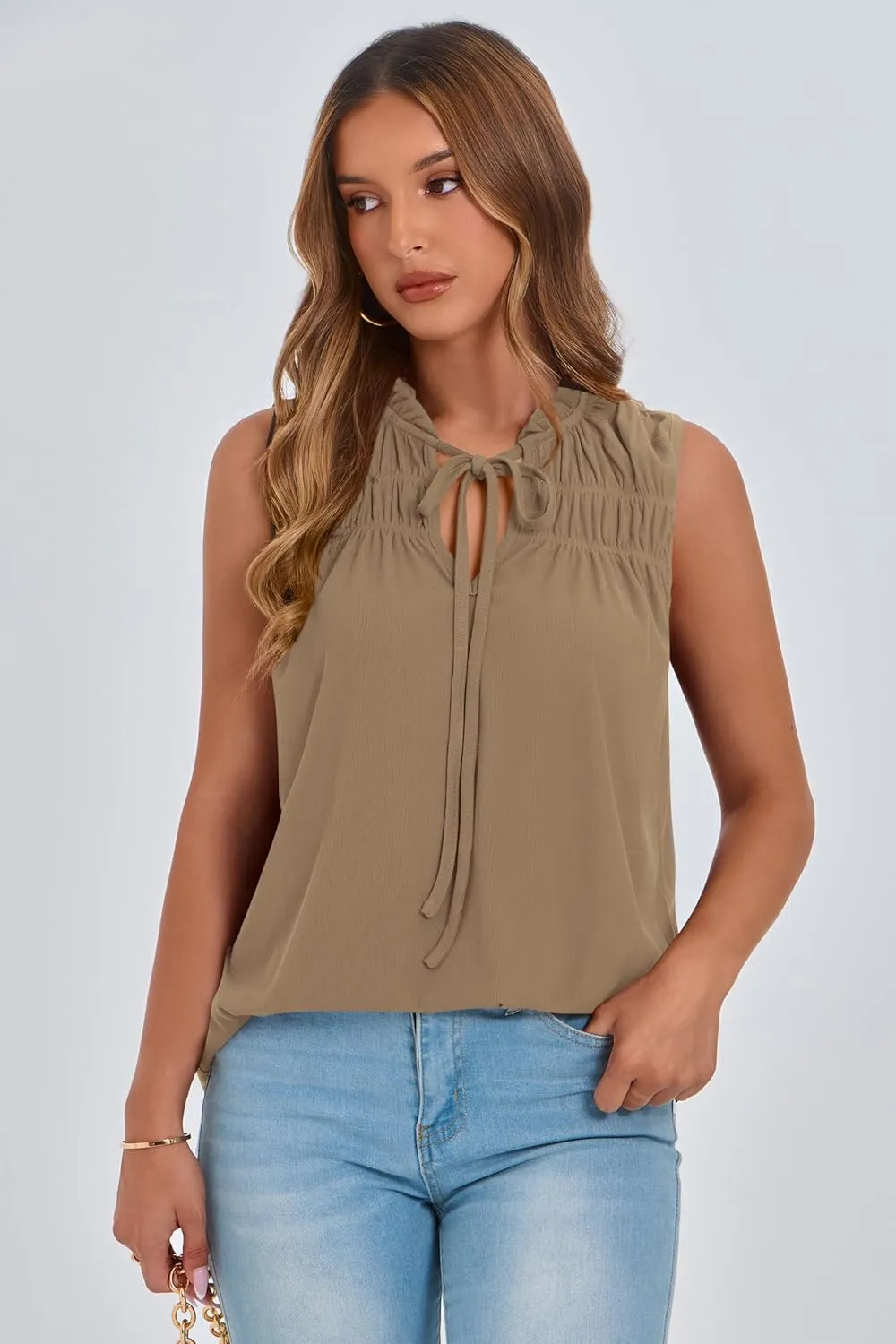 PRETTYGARDEN Womens Summer Tops Sleeveless V Neck Shirts Ruffle Loose Tank Top Smocked Work Flowy Dressy Casual Blouses