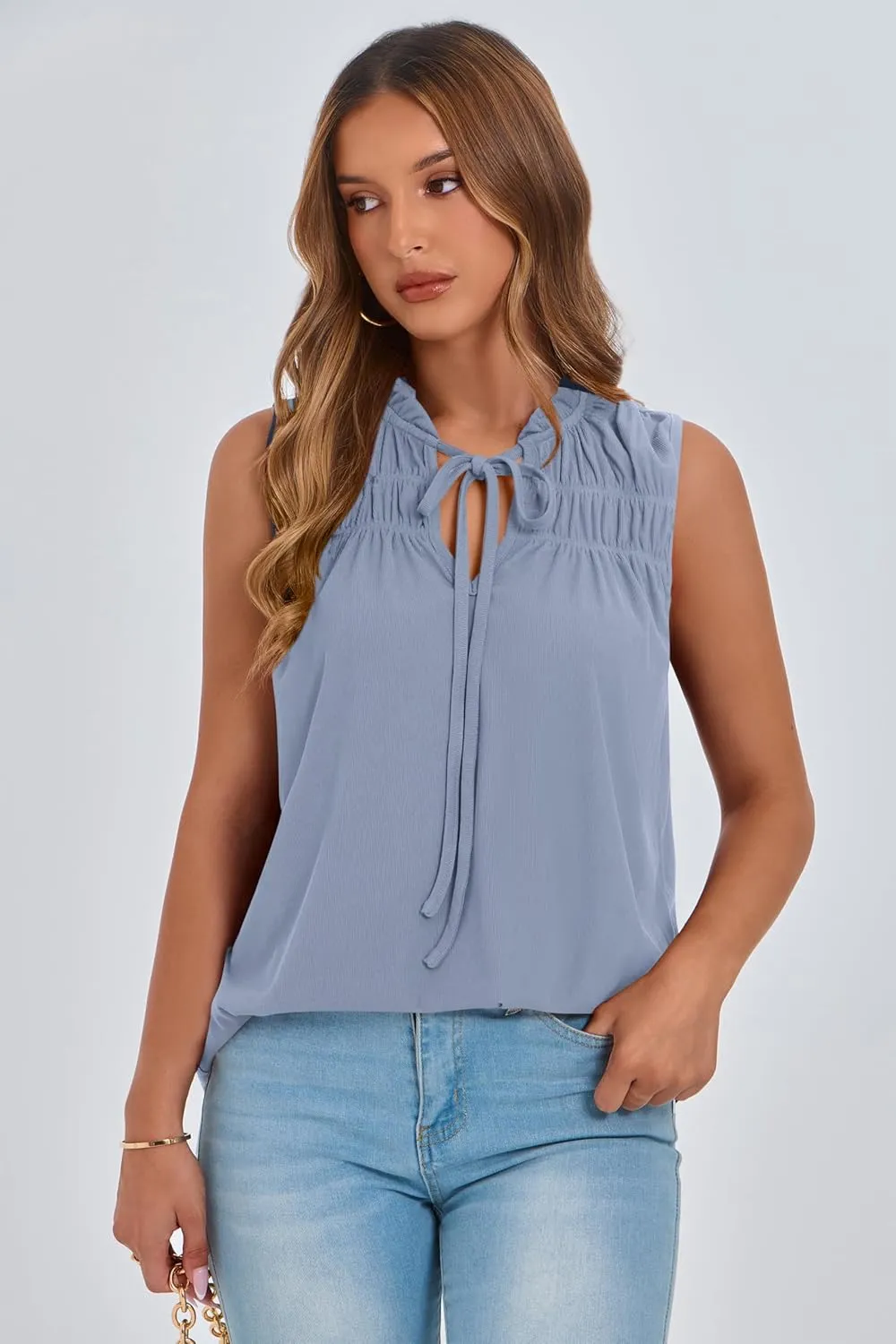 PRETTYGARDEN Womens Summer Tops Sleeveless V Neck Shirts Ruffle Loose Tank Top Smocked Work Flowy Dressy Casual Blouses
