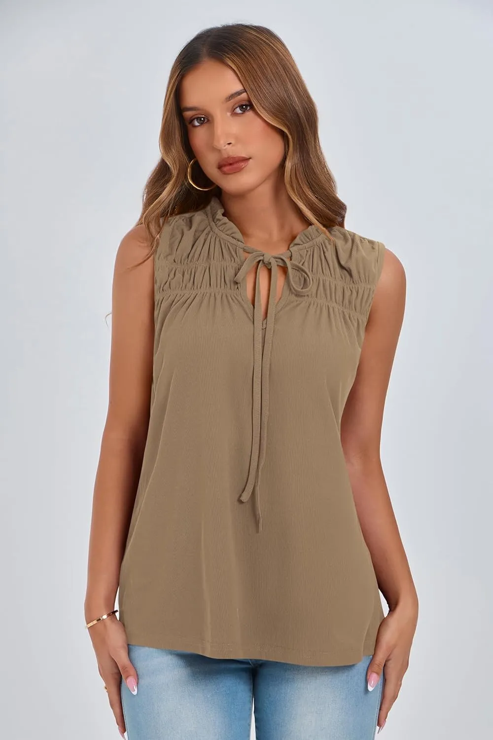 PRETTYGARDEN Womens Summer Tops Sleeveless V Neck Shirts Ruffle Loose Tank Top Smocked Work Flowy Dressy Casual Blouses