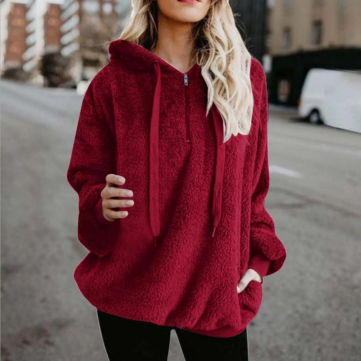 Quarter Zip Hoodies for Women Long Fleece Plus Size Drawstring Sweatshirt Solid Color Casual Winter Pocket Pullover
