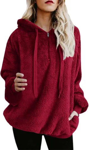 Quarter Zip Hoodies for Women Long Fleece Plus Size Drawstring Sweatshirt Solid Color Casual Winter Pocket Pullover