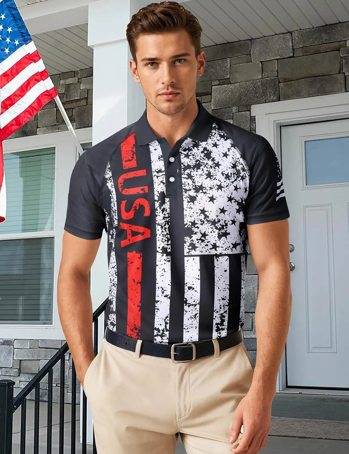 RAISEVERN Mens American Flag Print Golf Polo Shirt Patriotic Raglan Sleeve Tees