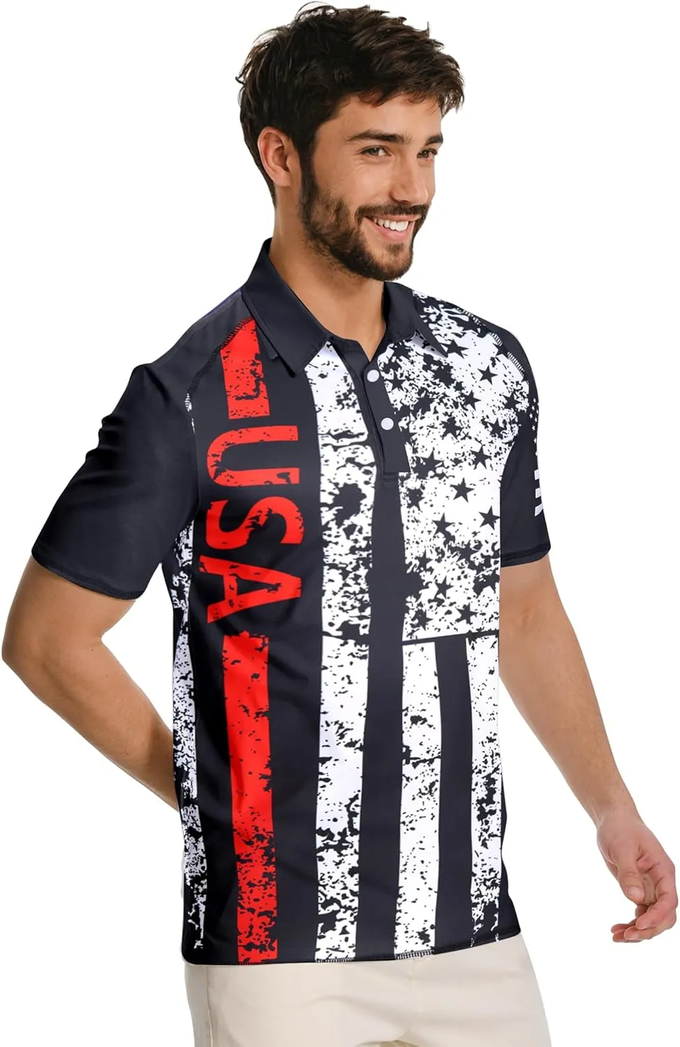 RAISEVERN Mens American Flag Print Golf Polo Shirt Patriotic Raglan Sleeve Tees