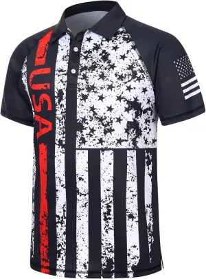 RAISEVERN Mens American Flag Print Golf Polo Shirt Patriotic Raglan Sleeve Tees