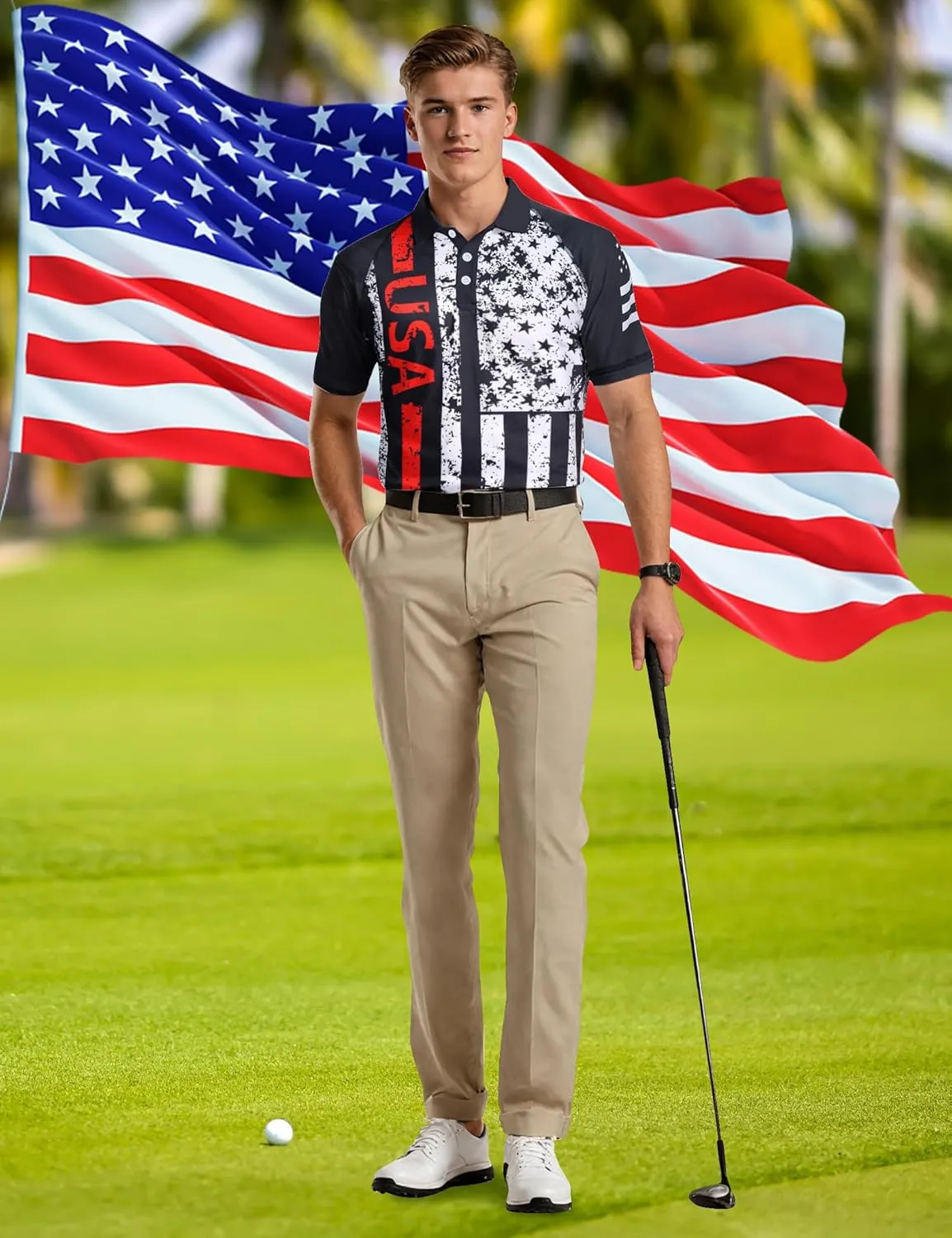 RAISEVERN Mens American Flag Print Golf Polo Shirt Patriotic Raglan Sleeve Tees