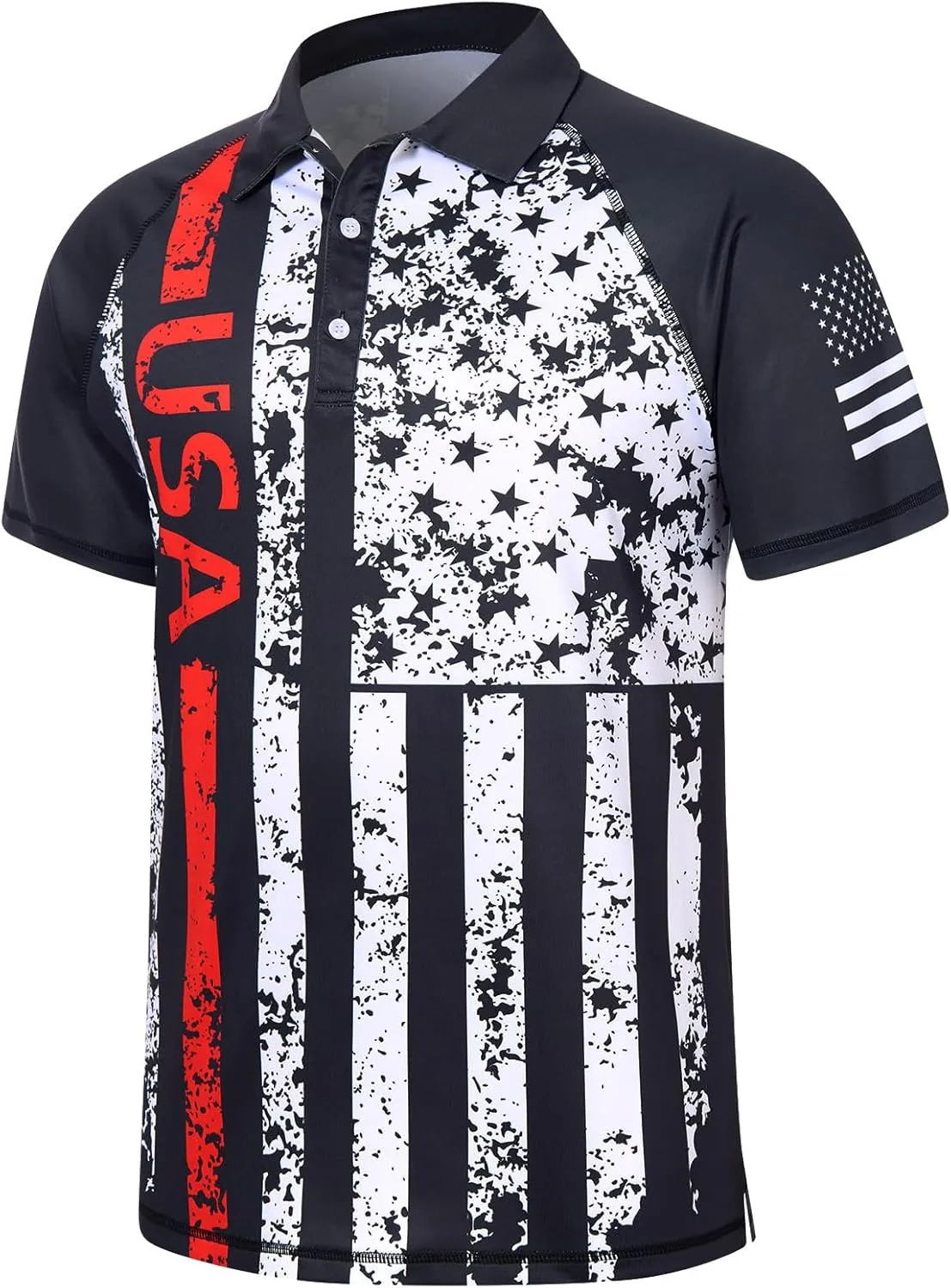 RAISEVERN Mens American Flag Print Golf Polo Shirt Patriotic Raglan Sleeve Tees