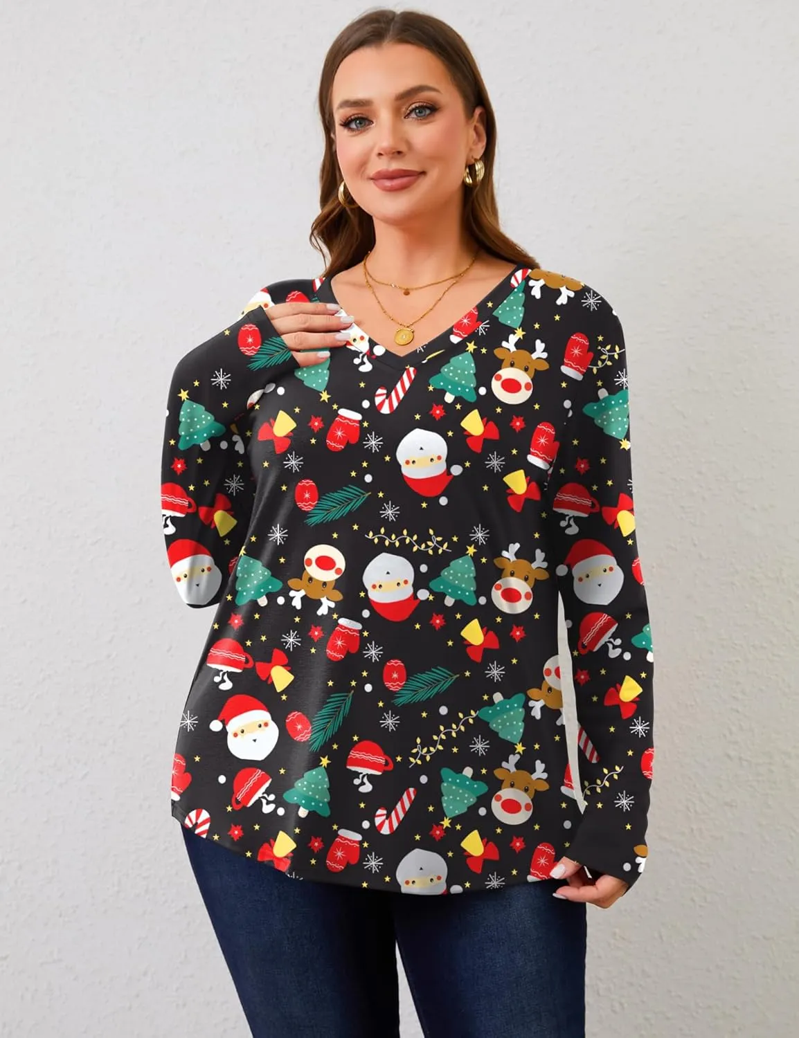 Rapbin Plus Size Tops for Women Long Sleeve Shirts V Neck Sweater Floral Blouses 2024 XL-5XL