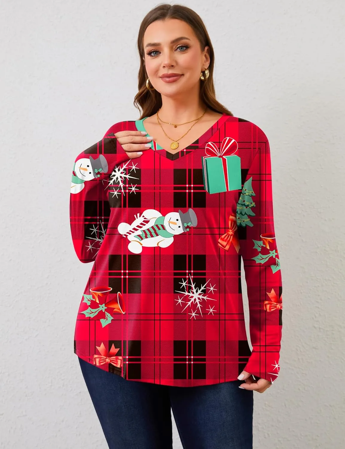 Rapbin Plus Size Tops for Women Long Sleeve Shirts V Neck Sweater Floral Blouses 2024 XL-5XL