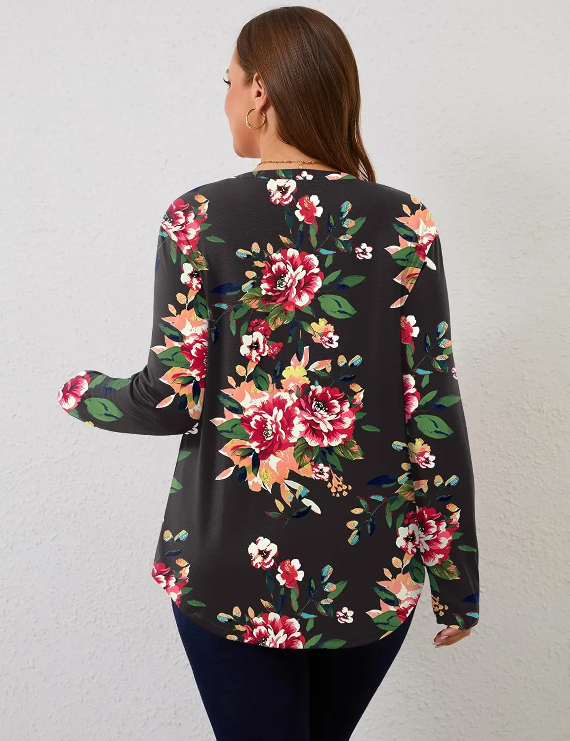Rapbin Plus Size Tops for Women Long Sleeve Shirts V Neck Sweater Floral Blouses 2024 XL-5XL