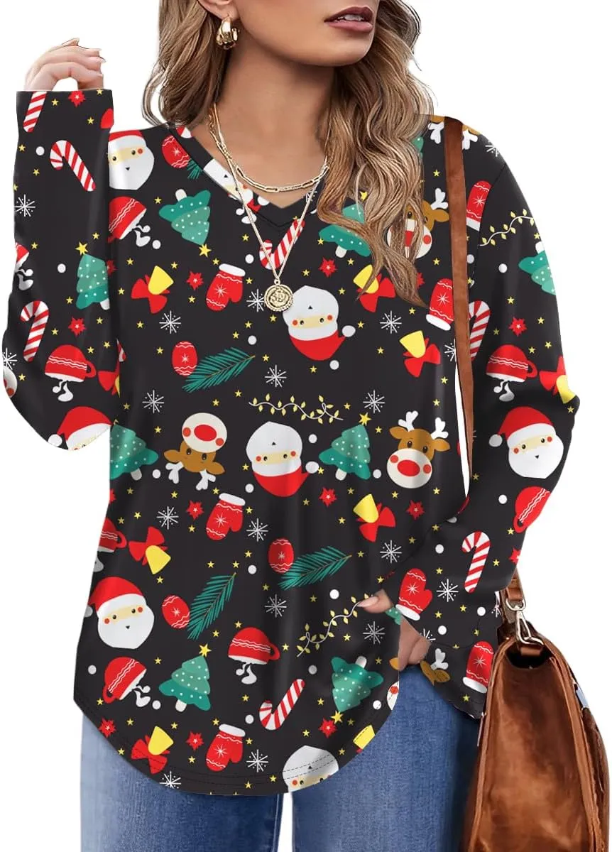 Rapbin Plus Size Tops for Women Long Sleeve Shirts V Neck Sweater Floral Blouses 2024 XL-5XL